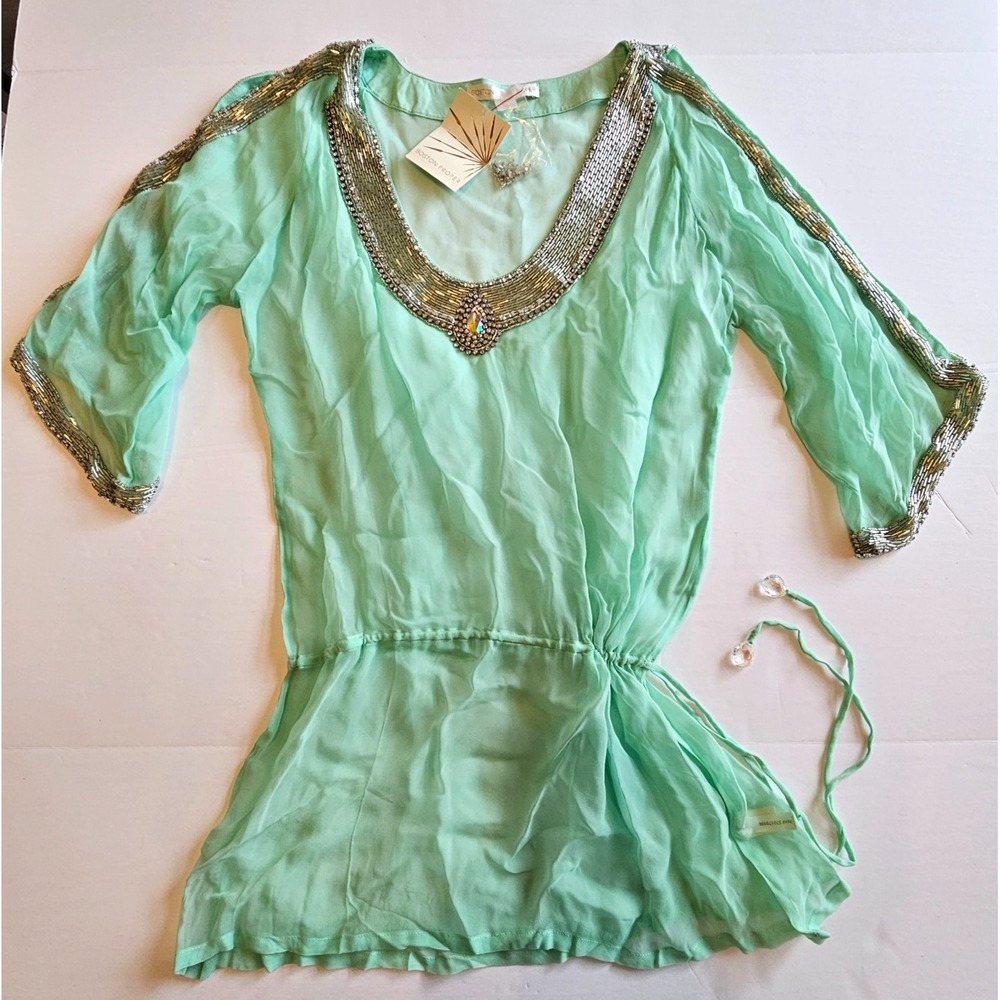 Boston Proper‎ Tunic SMALL Rhinestone Beaded Rayon NWT Sparkle Blouse Green